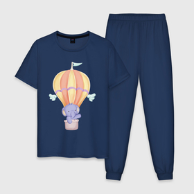 Мужская пижама хлопок с принтом Милый Слонёнок Взлетает На Воздушном Шаре в Санкт-Петербурге, 100% хлопок | брюки и футболка прямого кроя, без карманов, на брюках мягкая резинка на поясе и по низу штанин
 | Тематика изображения на принте: animals | ball | beast | cute | nature | животные | звери | милый | природа | слон | слонёнок | шар