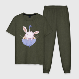 Мужская пижама хлопок с принтом Милый Крольчонок В Зонтике С Цветочками в Петрозаводске, 100% хлопок | брюки и футболка прямого кроя, без карманов, на брюках мягкая резинка на поясе и по низу штанин
 | Тематика изображения на принте: animals | beast | cute | hare | nature | rabbit | umbrella | животные | заяц | звери | зонтик | кролик | крольчонок | милый | природа | цв
