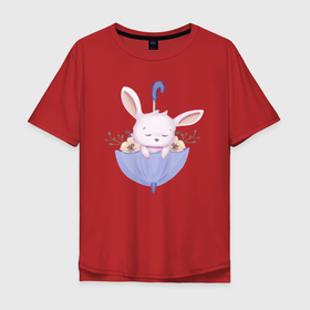 Мужская футболка хлопок Oversize с принтом Милый Крольчонок В Зонтике С Цветочками в Екатеринбурге, 100% хлопок | свободный крой, круглый ворот, “спинка” длиннее передней части | animals | beast | cute | hare | nature | rabbit | umbrella | животные | заяц | звери | зонтик | кролик | крольчонок | милый | природа | цв