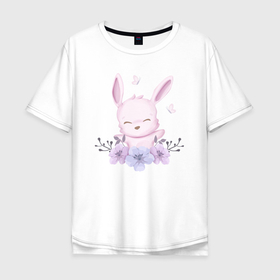 Мужская футболка хлопок Oversize с принтом Милый Крольчонок Среди Цветочками в Екатеринбурге, 100% хлопок | свободный крой, круглый ворот, “спинка” длиннее передней части | animals | beast | cute | flow | hare | nature | rabbit | животные | заяц | звери | кролик | крольчонок | милый | природа | цветы