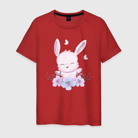 Мужская футболка хлопок с принтом Милый Крольчонок Среди Цветочками в Екатеринбурге, 100% хлопок | прямой крой, круглый вырез горловины, длина до линии бедер, слегка спущенное плечо. | animals | beast | cute | flow | hare | nature | rabbit | животные | заяц | звери | кролик | крольчонок | милый | природа | цветы