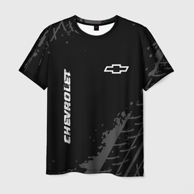 Мужская футболка 3D с принтом Chevrolet Speed на темном фоне со следами шин в Тюмени, 100% полиэфир | прямой крой, круглый вырез горловины, длина до линии бедер | auto | brand | chevrolet | logo | speed | symbol | авто | бренд | лого | символ | следы | шевроле | шины