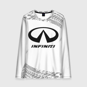 Мужской лонгслив 3D с принтом Infiniti Speed на светлом фоне со следами шин в Екатеринбурге, 100% полиэстер | длинные рукава, круглый вырез горловины, полуприлегающий силуэт | auto | brand | infiniti | logo | speed | symbol | авто | бренд | инфинити | лого | символ | следы | шины