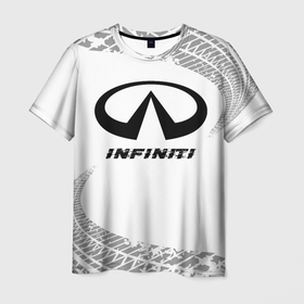Мужская футболка 3D с принтом Infiniti Speed на светлом фоне со следами шин в Новосибирске, 100% полиэфир | прямой крой, круглый вырез горловины, длина до линии бедер | Тематика изображения на принте: auto | brand | infiniti | logo | speed | symbol | авто | бренд | инфинити | лого | символ | следы | шины