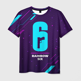 Мужская футболка 3D с принтом Символ Rainbow Six в неоновых цветах на темном фоне в Кировске, 100% полиэфир | прямой крой, круглый вырез горловины, длина до линии бедер | logo | neon | rainbow six | игра | игры | лого | логотип | неон | огонь | пламя | радуга шесть | символ