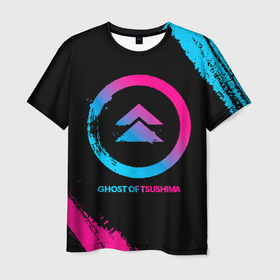 Мужская футболка 3D с принтом Ghost of Tsushima Neon Gradient в Екатеринбурге, 100% полиэфир | прямой крой, круглый вырез горловины, длина до линии бедер | ghost of tsushima | logo | гост оф цусима | градиент | игра | игры | краска | лого | логотип | неон | призрак цусимы | символ