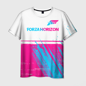 Мужская футболка 3D с принтом Forza Horizon   Neon Gradient White в Екатеринбурге, 100% полиэфир | прямой крой, круглый вырез горловины, длина до линии бедер | forza | forza horizon | logo | градиент | игра | игры | краска | лого | логотип | неон | символ | форза | форза хорайзон