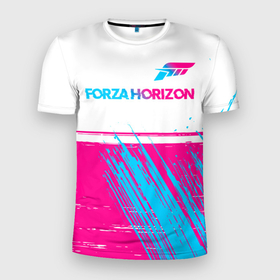 Мужская футболка 3D Slim с принтом Forza Horizon   Neon Gradient White в Тюмени, 100% полиэстер с улучшенными характеристиками | приталенный силуэт, круглая горловина, широкие плечи, сужается к линии бедра | forza | forza horizon | logo | градиент | игра | игры | краска | лого | логотип | неон | символ | форза | форза хорайзон