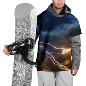 Накидка на куртку 3D с принтом Разряд молнии в грозовом небе в Новосибирске, 100% полиэстер |  | element | lightning | neon | sky | storm | storm cloud | гроза | молния | небо | неон | стихия | туча