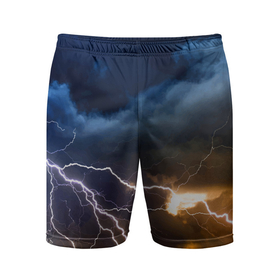 Мужские шорты спортивные с принтом Разряд молнии в грозовом небе в Тюмени,  |  | element | lightning | neon | sky | storm | storm cloud | гроза | молния | небо | неон | стихия | туча