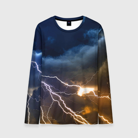 Мужской лонгслив 3D с принтом Разряд молнии в грозовом небе в Тюмени, 100% полиэстер | длинные рукава, круглый вырез горловины, полуприлегающий силуэт | Тематика изображения на принте: element | lightning | neon | sky | storm | storm cloud | гроза | молния | небо | неон | стихия | туча