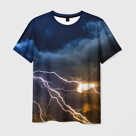 Мужская футболка 3D с принтом Разряд молнии в грозовом небе в Екатеринбурге, 100% полиэфир | прямой крой, круглый вырез горловины, длина до линии бедер | Тематика изображения на принте: element | lightning | neon | sky | storm | storm cloud | гроза | молния | небо | неон | стихия | туча
