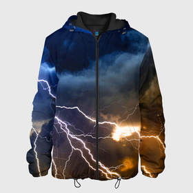 Мужская куртка 3D с принтом Разряд молнии в грозовом небе в Новосибирске, ткань верха — 100% полиэстер, подклад — флис | прямой крой, подол и капюшон оформлены резинкой с фиксаторами, два кармана без застежек по бокам, один большой потайной карман на груди. Карман на груди застегивается на липучку | element | lightning | neon | sky | storm | storm cloud | гроза | молния | небо | неон | стихия | туча