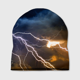 Шапка 3D с принтом Разряд молнии в грозовом небе в Тюмени, 100% полиэстер | универсальный размер, печать по всей поверхности изделия | element | lightning | neon | sky | storm | storm cloud | гроза | молния | небо | неон | стихия | туча