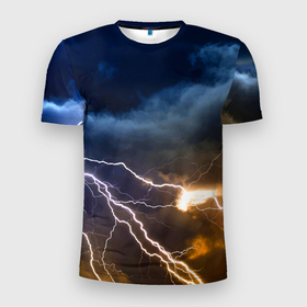 Мужская футболка 3D Slim с принтом Разряд молнии в грозовом небе в Кировске, 100% полиэстер с улучшенными характеристиками | приталенный силуэт, круглая горловина, широкие плечи, сужается к линии бедра | element | lightning | neon | sky | storm | storm cloud | гроза | молния | небо | неон | стихия | туча