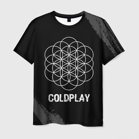 Мужская футболка 3D с принтом Coldplay Glitch на темном фоне в Санкт-Петербурге, 100% полиэфир | прямой крой, круглый вырез горловины, длина до линии бедер | Тематика изображения на принте: 
