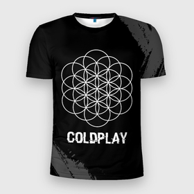 Мужская футболка 3D Slim с принтом Coldplay Glitch на темном фоне в Санкт-Петербурге, 100% полиэстер с улучшенными характеристиками | приталенный силуэт, круглая горловина, широкие плечи, сужается к линии бедра | 