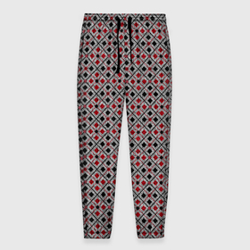 Мужские брюки 3D с принтом Красный, черный квадраты на гранжевом сером в Белгороде, 100% полиэстер | манжеты по низу, эластичный пояс регулируется шнурком, по бокам два кармана без застежек, внутренняя часть кармана из мелкой сетки | black | checkered | geometric | gray | grunge | plaid | red | red and black | squares | в клетку | геометрический | гранжевый | квадраты | клетчатый | красный | красный и черный | плед | серый | черный