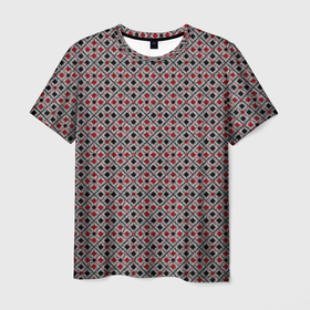 Мужская футболка 3D с принтом Красный, черный квадраты на гранжевом сером в Кировске, 100% полиэфир | прямой крой, круглый вырез горловины, длина до линии бедер | black | checkered | geometric | gray | grunge | plaid | red | red and black | squares | в клетку | геометрический | гранжевый | квадраты | клетчатый | красный | красный и черный | плед | серый | черный