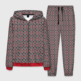 Мужской костюм 3D с принтом Красный, черный квадраты на гранжевом сером в Курске, 100% полиэстер | Манжеты и пояс оформлены тканевой резинкой, двухслойный капюшон со шнурком для регулировки, карманы спереди | black | checkered | geometric | gray | grunge | plaid | red | red and black | squares | в клетку | геометрический | гранжевый | квадраты | клетчатый | красный | красный и черный | плед | серый | черный