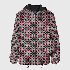 Мужская куртка 3D с принтом Красный, черный квадраты на гранжевом сером , ткань верха — 100% полиэстер, подклад — флис | прямой крой, подол и капюшон оформлены резинкой с фиксаторами, два кармана без застежек по бокам, один большой потайной карман на груди. Карман на груди застегивается на липучку | black | checkered | geometric | gray | grunge | plaid | red | red and black | squares | в клетку | геометрический | гранжевый | квадраты | клетчатый | красный | красный и черный | плед | серый | черный