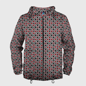 Мужская ветровка 3D с принтом Красный, черный квадраты на гранжевом сером в Екатеринбурге, 100% полиэстер | подол и капюшон оформлены резинкой с фиксаторами, два кармана без застежек по бокам, один потайной карман на груди | Тематика изображения на принте: black | checkered | geometric | gray | grunge | plaid | red | red and black | squares | в клетку | геометрический | гранжевый | квадраты | клетчатый | красный | красный и черный | плед | серый | черный