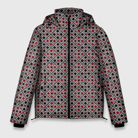 Мужская зимняя куртка 3D с принтом Красный, черный квадраты на гранжевом сером , верх — 100% полиэстер; подкладка — 100% полиэстер; утеплитель — 100% полиэстер | длина ниже бедра, свободный силуэт Оверсайз. Есть воротник-стойка, отстегивающийся капюшон и ветрозащитная планка. 

Боковые карманы с листочкой на кнопках и внутренний карман на молнии. | black | checkered | geometric | gray | grunge | plaid | red | red and black | squares | в клетку | геометрический | гранжевый | квадраты | клетчатый | красный | красный и черный | плед | серый | черный