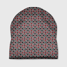 Шапка 3D с принтом Красный, черный квадраты на гранжевом сером в Екатеринбурге, 100% полиэстер | универсальный размер, печать по всей поверхности изделия | black | checkered | geometric | gray | grunge | plaid | red | red and black | squares | в клетку | геометрический | гранжевый | квадраты | клетчатый | красный | красный и черный | плед | серый | черный