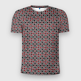 Мужская футболка 3D Slim с принтом Красный, черный квадраты на гранжевом сером в Санкт-Петербурге, 100% полиэстер с улучшенными характеристиками | приталенный силуэт, круглая горловина, широкие плечи, сужается к линии бедра | black | checkered | geometric | gray | grunge | plaid | red | red and black | squares | в клетку | геометрический | гранжевый | квадраты | клетчатый | красный | красный и черный | плед | серый | черный