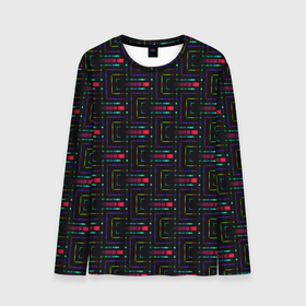 Мужской лонгслив 3D с принтом Яркие полосы на черном в Белгороде, 100% полиэстер | длинные рукава, круглый вырез горловины, полуприлегающий силуэт | abstract | black | blue | bright | bright stripes | geome | geometric | green | neon | neon stripes | red | абстрактный | геометрический | зеленый | красный | красный и черный | линии | неоновые полосы | неоновый | синий | фигуры | черный