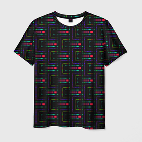 Мужская футболка 3D с принтом Яркие полосы на черном в Петрозаводске, 100% полиэфир | прямой крой, круглый вырез горловины, длина до линии бедер | abstract | black | blue | bright | bright stripes | geome | geometric | green | neon | neon stripes | red | абстрактный | геометрический | зеленый | красный | красный и черный | линии | неоновые полосы | неоновый | синий | фигуры | черный