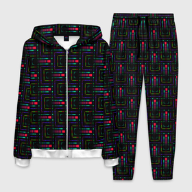 Мужской костюм 3D с принтом Яркие полосы на черном в Екатеринбурге, 100% полиэстер | Манжеты и пояс оформлены тканевой резинкой, двухслойный капюшон со шнурком для регулировки, карманы спереди | abstract | black | blue | bright | bright stripes | geome | geometric | green | neon | neon stripes | red | абстрактный | геометрический | зеленый | красный | красный и черный | линии | неоновые полосы | неоновый | синий | фигуры | черный