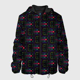 Мужская куртка 3D с принтом Яркие полосы на черном в Новосибирске, ткань верха — 100% полиэстер, подклад — флис | прямой крой, подол и капюшон оформлены резинкой с фиксаторами, два кармана без застежек по бокам, один большой потайной карман на груди. Карман на груди застегивается на липучку | abstract | black | blue | bright | bright stripes | geome | geometric | green | neon | neon stripes | red | абстрактный | геометрический | зеленый | красный | красный и черный | линии | неоновые полосы | неоновый | синий | фигуры | черный