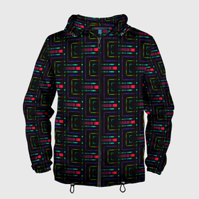 Мужская ветровка 3D с принтом Яркие полосы на черном в Новосибирске, 100% полиэстер | подол и капюшон оформлены резинкой с фиксаторами, два кармана без застежек по бокам, один потайной карман на груди | abstract | black | blue | bright | bright stripes | geome | geometric | green | neon | neon stripes | red | абстрактный | геометрический | зеленый | красный | красный и черный | линии | неоновые полосы | неоновый | синий | фигуры | черный