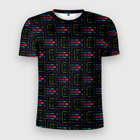 Мужская футболка 3D Slim с принтом Яркие полосы на черном в Екатеринбурге, 100% полиэстер с улучшенными характеристиками | приталенный силуэт, круглая горловина, широкие плечи, сужается к линии бедра | Тематика изображения на принте: abstract | black | blue | bright | bright stripes | geome | geometric | green | neon | neon stripes | red | абстрактный | геометрический | зеленый | красный | красный и черный | линии | неоновые полосы | неоновый | синий | фигуры | черный