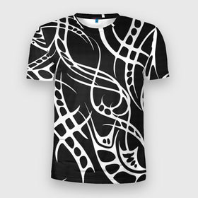 Мужская футболка 3D Slim с принтом Карбон с узорами в Кировске, 100% полиэстер с улучшенными характеристиками | приталенный силуэт, круглая горловина, широкие плечи, сужается к линии бедра | Тематика изображения на принте: carbon | абстракция | карбон | тату | текстура карбона | узоры