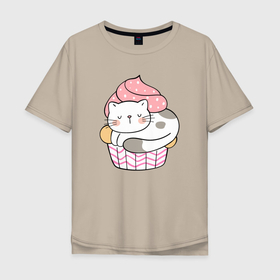 Мужская футболка хлопок Oversize с принтом Котик в стаканчике с мороженым в Санкт-Петербурге, 100% хлопок | свободный крой, круглый ворот, “спинка” длиннее передней части | Тематика изображения на принте: кот | котенок | котик | кошечка | лето | мороженое