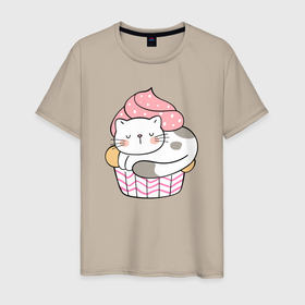 Мужская футболка хлопок с принтом Котик в стаканчике с мороженым в Кировске, 100% хлопок | прямой крой, круглый вырез горловины, длина до линии бедер, слегка спущенное плечо. | кот | котенок | котик | кошечка | лето | мороженое