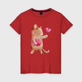 Женская футболка хлопок с принтом Рыжий котик дарит свою любовь в Белгороде, 100% хлопок | прямой крой, круглый вырез горловины, длина до линии бедер, слегка спущенное плечо | Тематика изображения на принте: кот | котик | кошка | любовь | сердечко | сердце