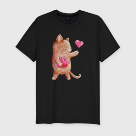 Мужская футболка хлопок Slim с принтом Рыжий котик дарит свою любовь в Санкт-Петербурге, 92% хлопок, 8% лайкра | приталенный силуэт, круглый вырез ворота, длина до линии бедра, короткий рукав | кот | котик | кошка | любовь | сердечко | сердце