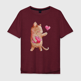 Мужская футболка хлопок Oversize с принтом Рыжий котик дарит свою любовь в Белгороде, 100% хлопок | свободный крой, круглый ворот, “спинка” длиннее передней части | Тематика изображения на принте: кот | котик | кошка | любовь | сердечко | сердце