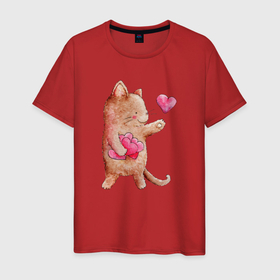 Мужская футболка хлопок с принтом Рыжий котик дарит свою любовь в Новосибирске, 100% хлопок | прямой крой, круглый вырез горловины, длина до линии бедер, слегка спущенное плечо. | кот | котик | кошка | любовь | сердечко | сердце