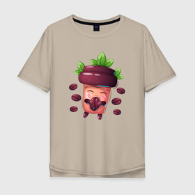 Мужская футболка хлопок Oversize с принтом Стаканчик с кофейными зернами в Тюмени, 100% хлопок | свободный крой, круглый ворот, “спинка” длиннее передней части | coffee | кофе | кофейный | стакан | стаканчики