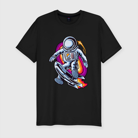 Мужская футболка хлопок Slim с принтом Космонавт с ракетой в Екатеринбурге, 92% хлопок, 8% лайкра | приталенный силуэт, круглый вырез ворота, длина до линии бедра, короткий рукав | звезды | космонавт | космос | ракета | черная дыра