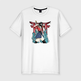 Мужская футболка хлопок Slim с принтом Девушка   самурай в Новосибирске, 92% хлопок, 8% лайкра | приталенный силуэт, круглый вырез ворота, длина до линии бедра, короткий рукав | девушка | девушка самурай | китай | кунаичи | куноичи | самурай