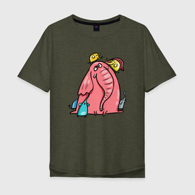 Мужская футболка хлопок Oversize с принтом Розовая слоника со слонятами в Кировске, 100% хлопок | свободный крой, круглый ворот, “спинка” длиннее передней части | Тематика изображения на принте: розовый слон | слон | слониха | слоны | слонята