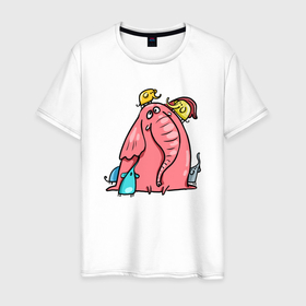 Мужская футболка хлопок с принтом Розовая слоника со слонятами в Белгороде, 100% хлопок | прямой крой, круглый вырез горловины, длина до линии бедер, слегка спущенное плечо. | розовый слон | слон | слониха | слоны | слонята