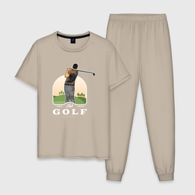 Мужская пижама хлопок с принтом Гольф на поле в Екатеринбурге, 100% хлопок | брюки и футболка прямого кроя, без карманов, на брюках мягкая резинка на поясе и по низу штанин
 | golf | гольф | гольф на поле | игра | клюшка