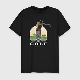 Мужская футболка хлопок Slim с принтом Гольф на поле в Екатеринбурге, 92% хлопок, 8% лайкра | приталенный силуэт, круглый вырез ворота, длина до линии бедра, короткий рукав | golf | гольф | гольф на поле | игра | клюшка