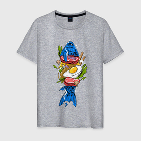 Мужская футболка хлопок с принтом Первый рамен в Курске, 100% хлопок | прямой крой, круглый вырез горловины, длина до линии бедер, слегка спущенное плечо. | арт | вкусная еда | иллюстрация | рыба | рыбка | суп | японская кухня